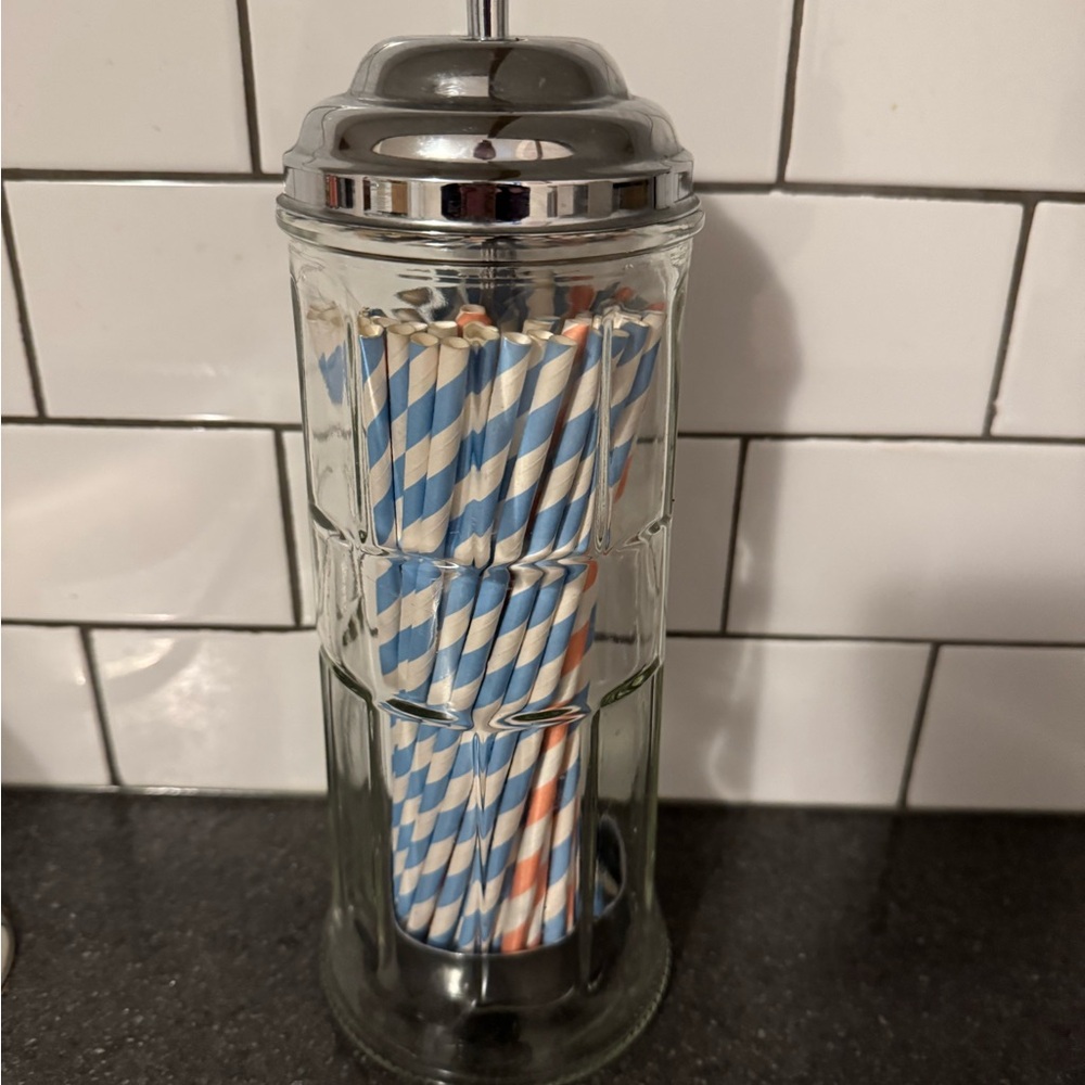 Vintage Glass Straw Dispenser with Striped Straws